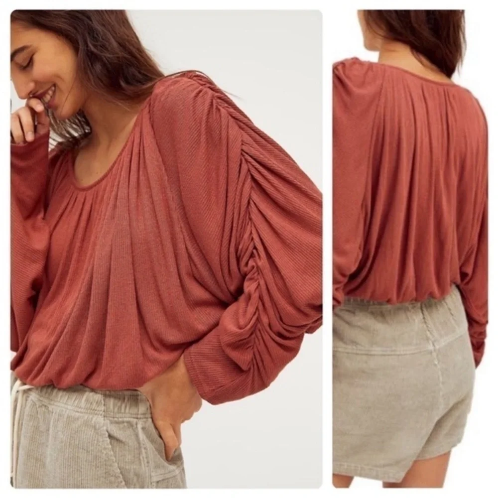 Free People Orange Bishop Sleeve Bubble Hem Long Sleeve Blouse